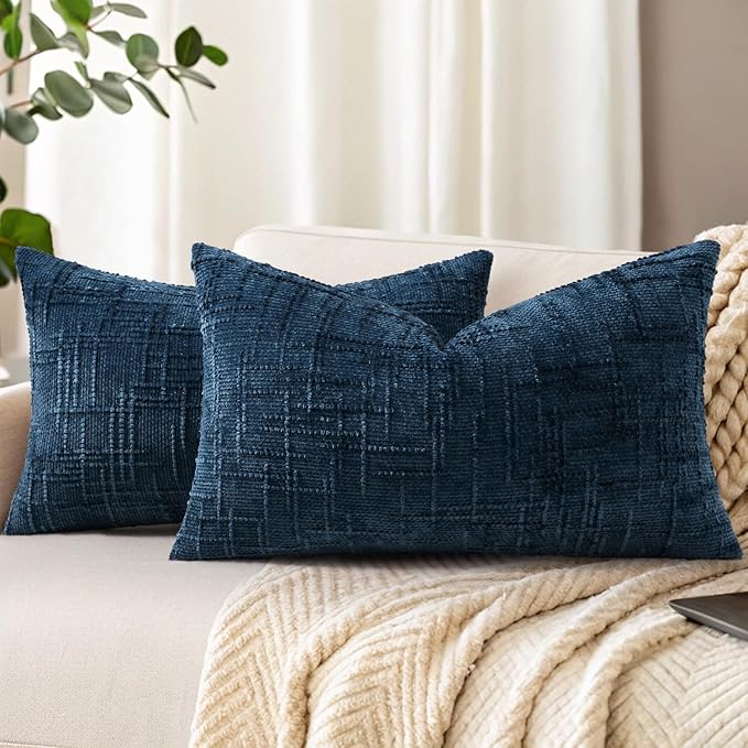 decorUhome Navy Blue Chenille Throw Pillow Covers 12x20 Set of 2 Thick Textured Slubby Couch Pillow Covers Farmhouse Accent Modern Neutral Decorative Pillow Cases for Bed Sofa Living Room