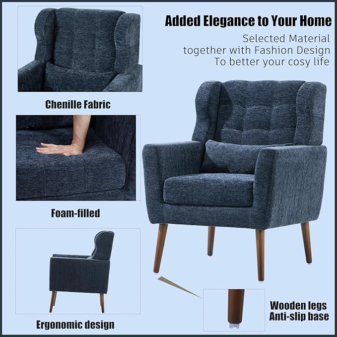 Accent Chair, Comfy Upholstered Living Room Chairs with High Tufted Backrest and Pillow, Wingback Reading Chair with Solid Wood Legs for Bedroom/Office, Chenille Fabric, Dark Blue