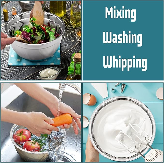 P&P CHEF Mixing Bowls With Lids, Set of 6, Stainless Steel Nesting Mixing Bowls & Fitting Lids & Non-Slip Silicone Bottom, Ideal for Mixing, Storing, Size 0.7/1/1.5/2.5/3/4.6 Qt, Blue