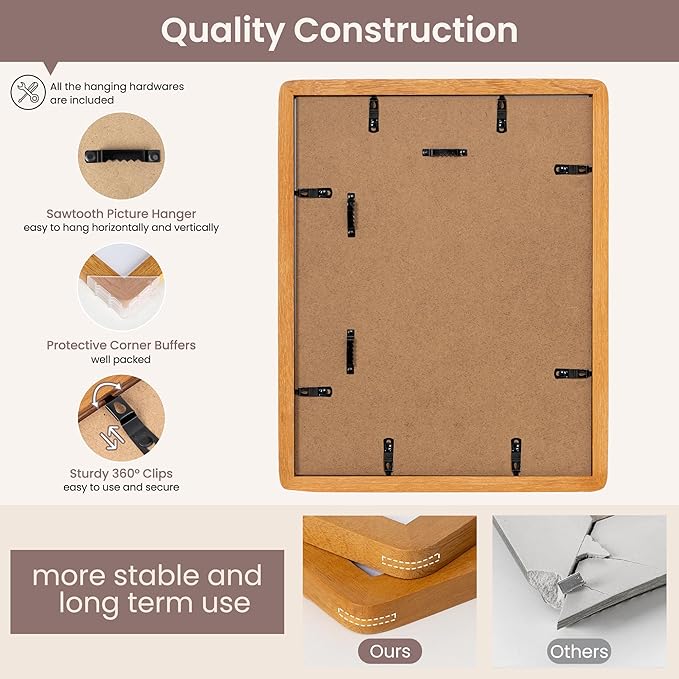 11x14 Picture Frame - Solid Teak Wood 11x14 Frame With Mat For 8x10, 11''x14'' Poster Frame, Plexiglas and Hanging Hardware Included, 11 By 14 Poster Frame Wood, Natural Teak