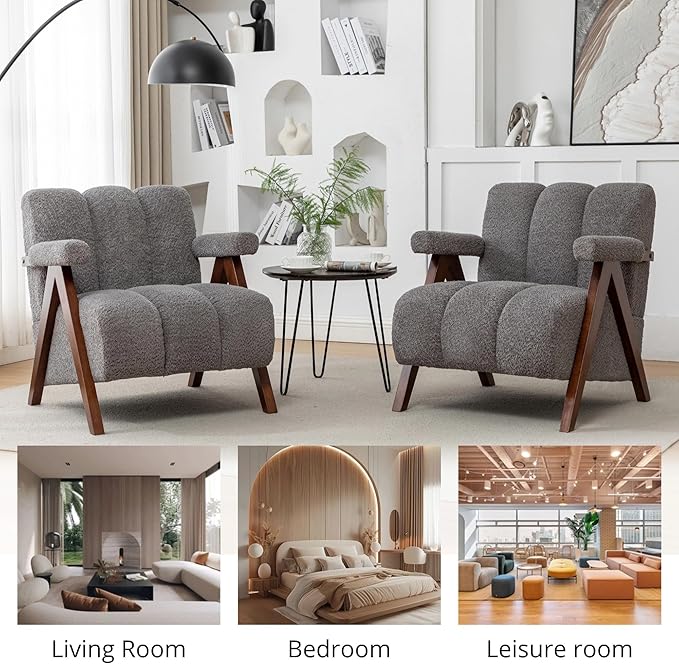 Mid Century Modern Accent Chair with Solid Wood Frame, Boucle Upholstered Living Room Chairs with Thick Cushion, Comfy Tufted Arm Chair for Bedroom, Grey
