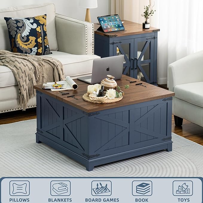 Farmhouse Coffee Table Sets 3 Pieces, Large End Side Tables with Charging Station and Coffee Table with Hidden Storage Compartment, Blue Living Room Table Set, Wood Furniture Sets for Home Office