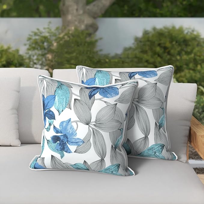 Outdoor Throw Pillows Inners, Fade Resistant Patio Furniture Square Pillows with Piping Set of 2, 18x18 Inch, Clemens Blue