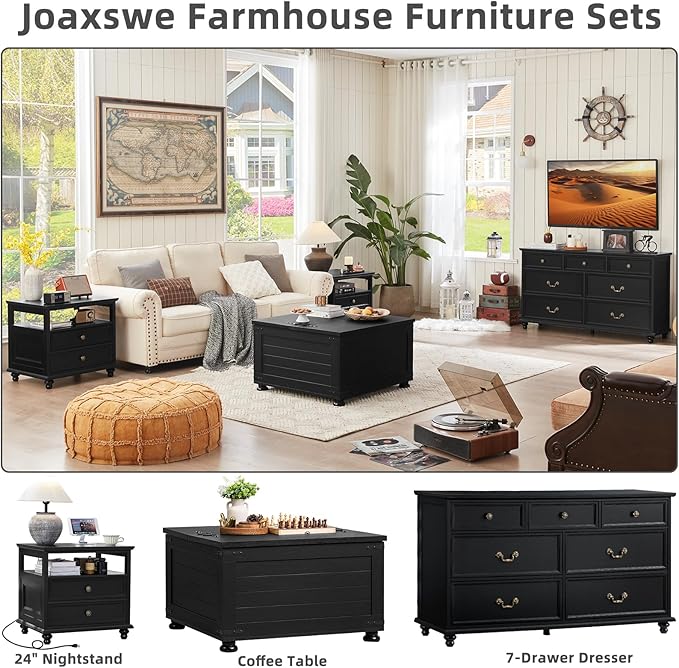 Farmhouse Nightstand with Charging Station, 24" Wide End Table with 2 Drawers, Black Dresser for Bedroom, Bed Side Table Chest of Drawers Cabinet,Wood Night Stand for Living Room, Closet