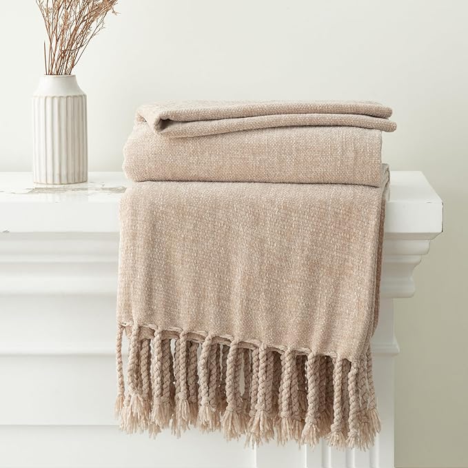 BATTILO HOME Beige Chenille Throw Blanket for Couch, Decorative Fringe Velvety Khaki Tan Throw Blanket for Sofa Home Decor, 50"x60"