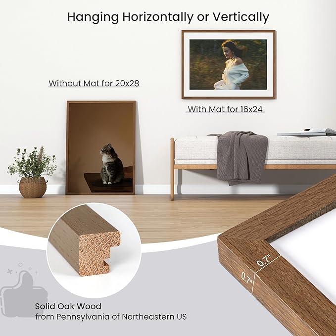 Axeman 20x28 Frame | Solid Oak Wood 20x28 Picture Frame With Mat for 16x24 | 28 x 20 Wood Poster Frame | Tempered Glass and Hanging Hardware Included Home Wall Decor Art Hanging Frame | Walnut