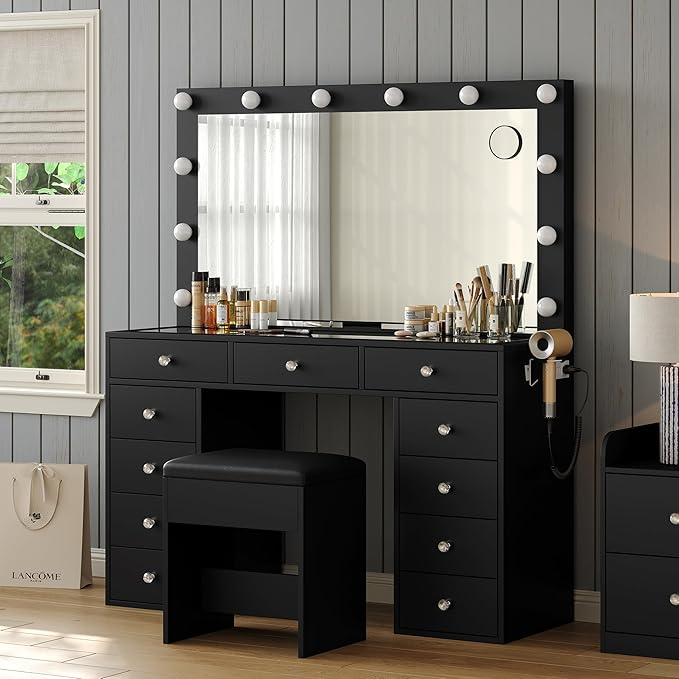 Vanity Desk with Power Outlet, Makeup Vanity with Mirror and 12 LED Lights, 3 Lighting Modes,11 Drawers Vanity Table with Chair, Glass Top, Vanity Set for Bedroom,Dressing Room, Black