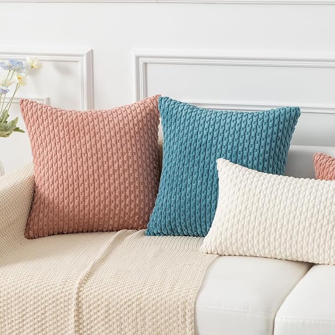 Kevin Textile Throw Pillow Covers Soft Corduroy Decorative Set of 2 Boho Striped Pillow Covers Valentines Day Pillowcases Farmhouse Home Decor for Couch Bed Sofa Living Room 24x24 Inch Baby Pink