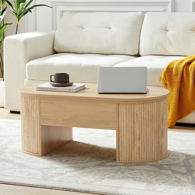 QHITTY Fluted Coffee Table with Lifting Top, Oval Wood Lift Top Coffee Table with Hidden Compartment, Mid Century Pull up Center Tables for Living Room, Office - Natural