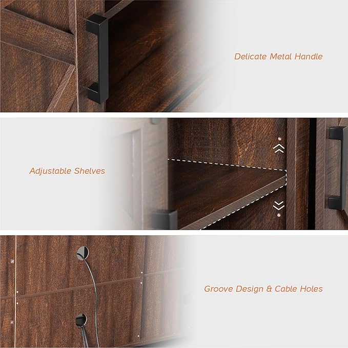 WAMPAT Modern Farmhouse TV Stand for TVs up to 75 inch with Sliding Barn Door,Wood Entertainment Center with Adjustable Media Storage Shelf for Living Room, Rustic Brown