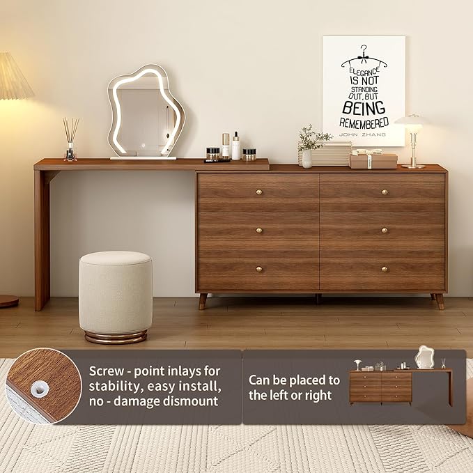 Makeup Vanity Desk Set with Cloud-Pattern HD Lighted Mirror and Stool, 50-90in Extendable Modern Vanity Table, 6-Drawer Solid Wood Frame Storage Cabinet, Bedroom Dressing Table, Brown