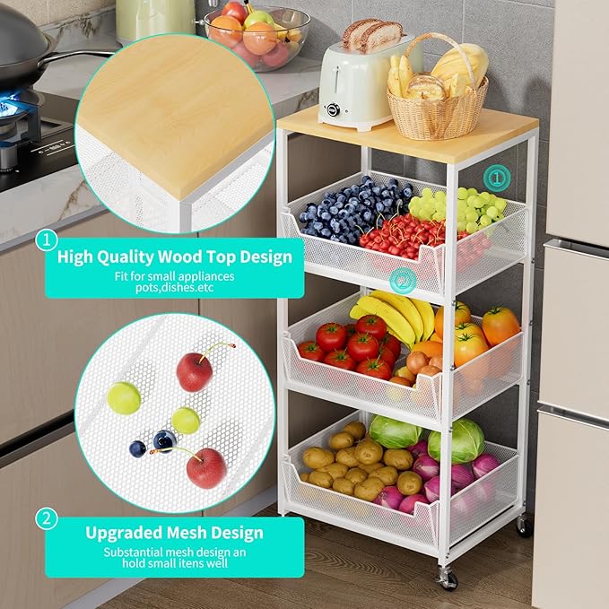 HapiRm Fruit Basket Kitchen Cart - 4-Tier Rolling Storage Cart with Wheels, Wood Top Utility Pantry Cart for Vegetables, Potatoes, Onions, Bread, Snacks
