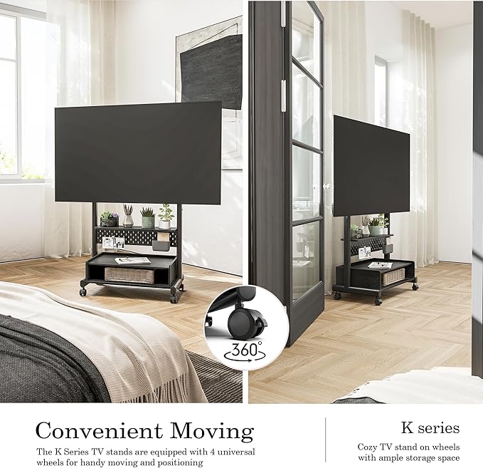 FITUEYES Rolling TV Stand Mount for 70 to 100 Large TV Screens，Mobile TV Floor Stand on Wheels with Ample Storage Pegboard & Wooden Shelf, Rolling TV Cart Hold up to 176 lbs, Max VESA 850 x 600