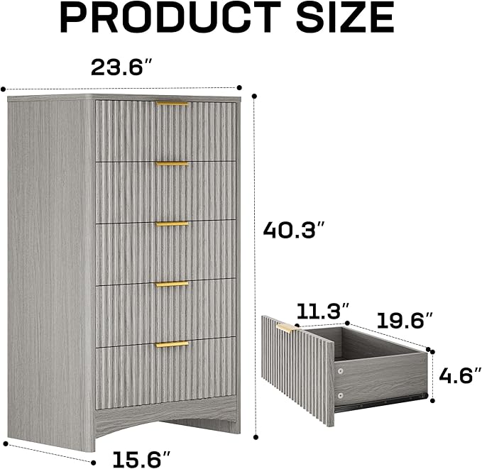 Marsail 5 Drawer Tall Wooden Dresser with Smooth-Glide Drawers, Modern Storage Solution for Bedrooms and Hallway, Featuring Large Capacity and an Elegant Natural Wood Finish, Light Grey