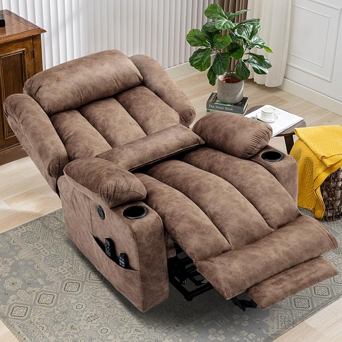 MEETWARM Oversized Dual Motor Lay Flat Power Lift Recliner Chair for Big Man with Heat Massage, Large Sleeping Electric Recliner with Extended Footrest, Lumbar Pillow, USB & Type-C Ports, Plush-Brown