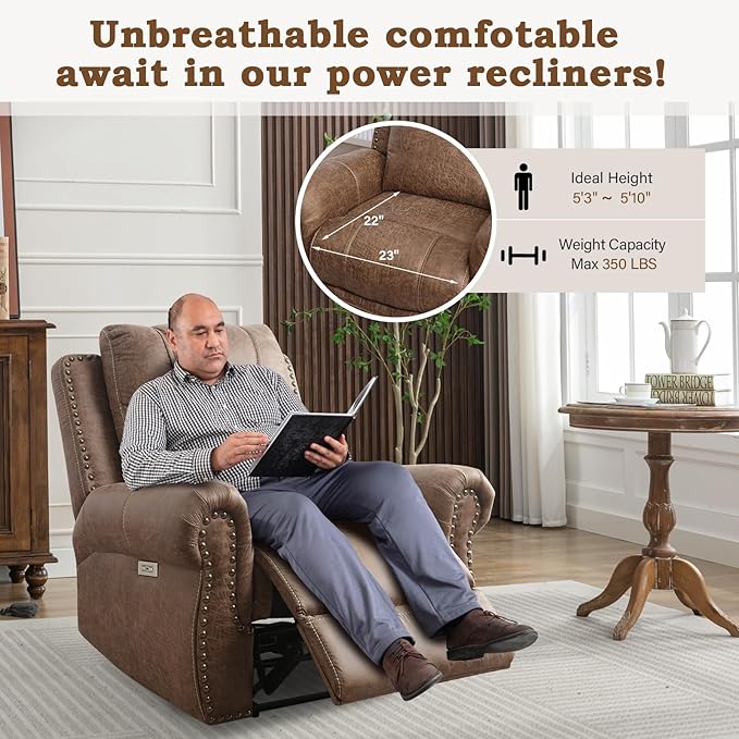 ANJ Electric Power Recliner Chair with USB Ports, Breathable Faux Leather Oversized Recliner with Comfortable Arms, Back and Headrest, Single Sofa for Living Room, Nut Brown