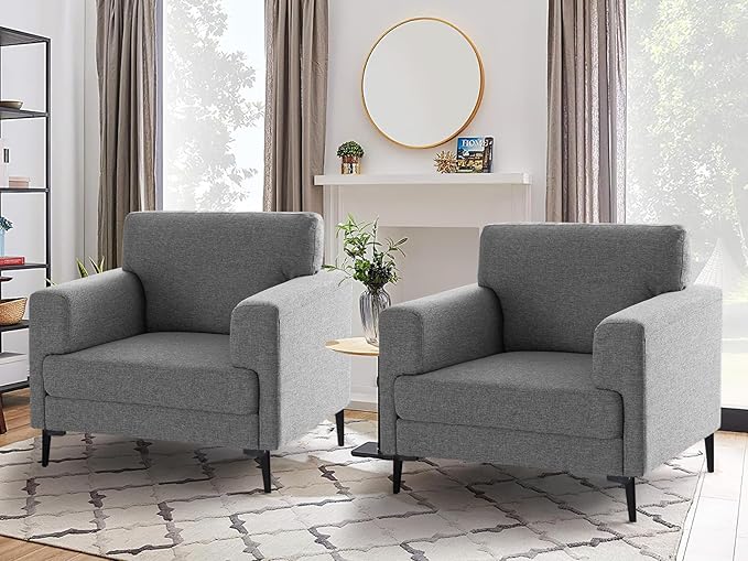 CDCASA Accent Chair, Linen Fabric Oversized Mid Century Modern Chair Set of 2, Comfy Upholstered Armchair Reading Accent Chairs Sofa Chairs for Bedroom Living Room, Dark Grey