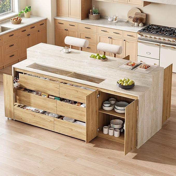 90.6"W Stationary Kitchen Island with Double-layer Countertop, Kitchen Island Storage Cabinet with Adjustable Shelves & 6 Drawers, Island table with Pull Out Spice Rack for kitchen , Dining Room