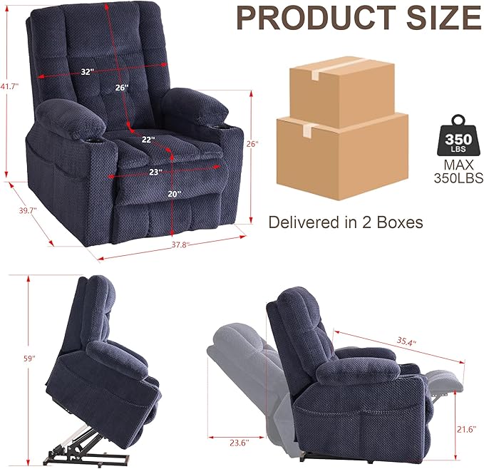 SALOHZA Power Lift Recliner Chair for Elderly with Massage and Heat for Living Room, Electric Recliner Chair for Adults with USB/Type C Port/Cup Holders, Velvet Fabric, Navy Blue