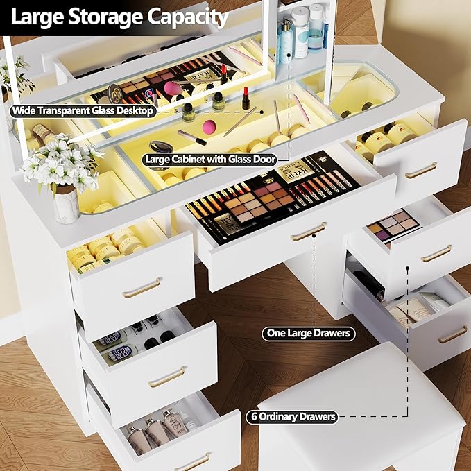 Galss Top Vanity Desk with Mirror and Lights, Large Storage Makeup Vanity with 7 Drawers, White Vanity Table with Side Glass Cabinet, Adjustable Brightness Dressing Table Set with Stool
