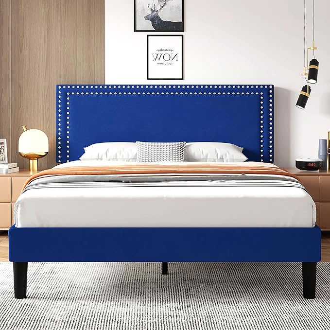 VECELO Queen Size Bed Frame with Adjustable Upholstered Headboard, Wooden Slats Platform, Noise-Free Design, Easy Assembly