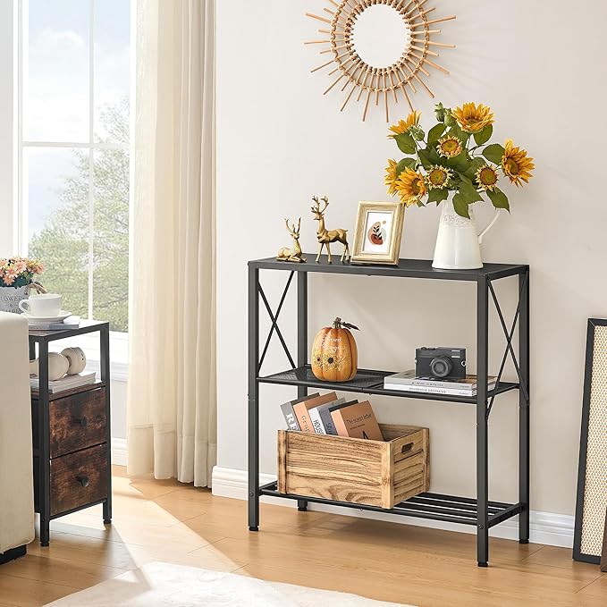 Hoctieon Industrial Console Table, 3-Tier Entryway Table, Metal Frame, Sofa Tables with Shelf, Hallway Desk, Entrance Desk for Entryway, Living Room, Foyer, Hallway, Black