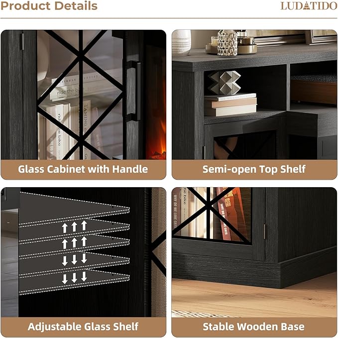 Ludatido 65 Inch FireplaceTV Stand with 3-Sided Glass Insert, Storage Cabinets & Drawers, Fits TVs up to 75", Remote & Touch Control, White Entertainment Center with USB&AC Power Interface, Black