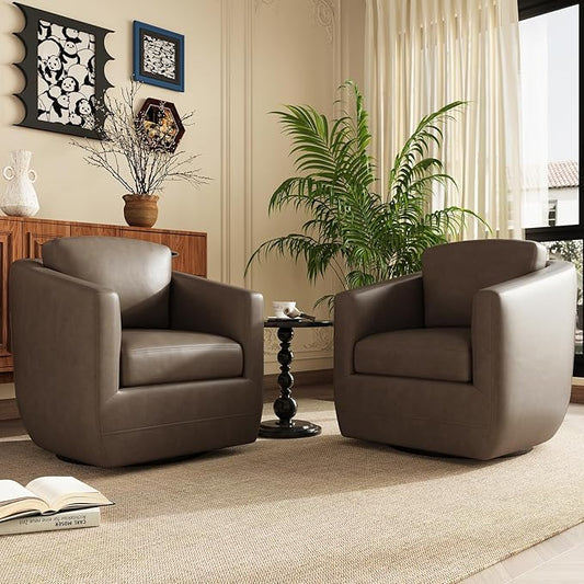 COLAMY 360° Swivel Accent Chair Set of 2 with Pillow, Leather Living Room Armchair No-Sag Foam & Sturdy Metal Base, Fully Assembled Swivel Single Sofa for Bedroom Living Room, Reading Room, Wolf Grey