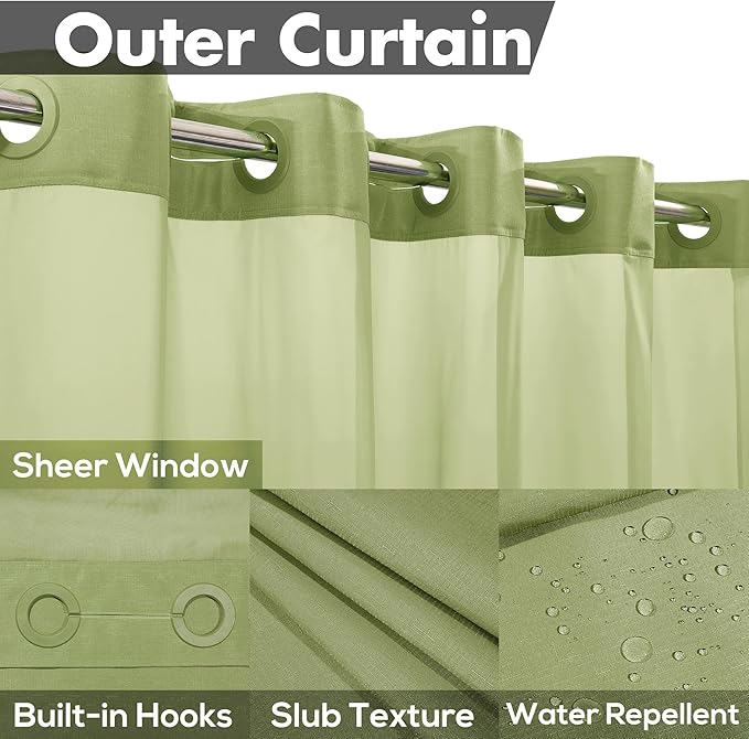 No Hook Slub Textured Shower Curtain with Snap-in PEVA Liner Set - 71" x 74"(72"), Hotel Style with See Through Top Window, Fabric Outer Curtain & Waterproof Inner Liner, Sage, 71x74