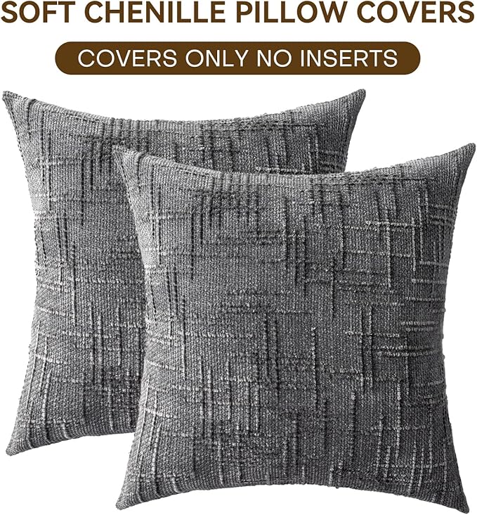 Decorative Throw Pillow Covers 16x16 Inch Set of 2, Soft Solid Farmhouse Chenille Couch Pillows, Spring Pillow Covers for Couch Sofa Bed Living Room Home Decor Pillowcase, Dark Gray