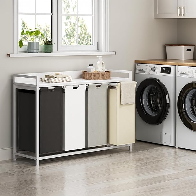 Laundry Hamper with Shelf, Laundry Basket 4 Section, Laundry Sorter with Pull-Out Removable Large 4 Color Bags and Movable Wheels, Metal Frame, 4 x 15.87 Gallons (60L), White PF07XLE