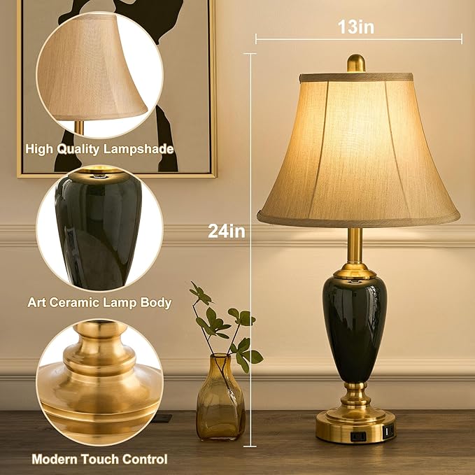 24" Ceramic Table Lamp with 3 Way Dimmable Touch Lamps - 2 USB Ports & AC Outlet Bedside Lamps, Modern Nightstand Lamp for Bedroom Living Room Office (Bulb Included)