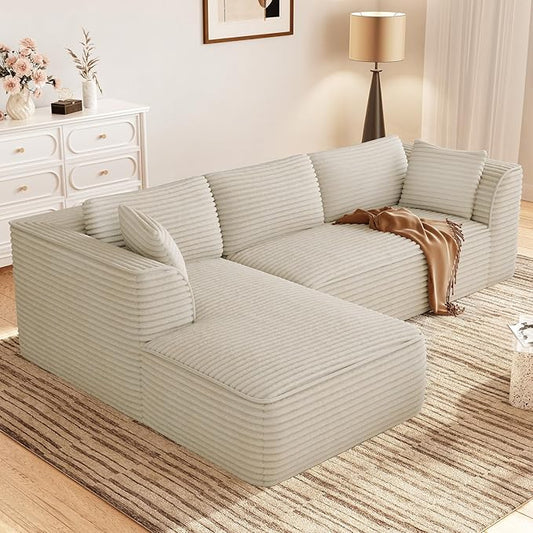 Vesgantti 106" Boneless Couch with Chaise, Deep Seat Comfy Cloud Modular Sofa Corduroy Memory Foam Sectional Couches for Living Room Bedroom, No Assembly Required (Camel, Left-Facing Chaise)