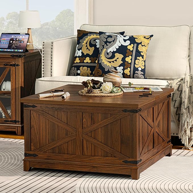 Farmhouse Coffee Table Set, 3 Pieces: Large End Side Tables with Charging Station and Coffee Table with Hidden Storage Compartment, Brown Wood Furniture Sets for Home Office