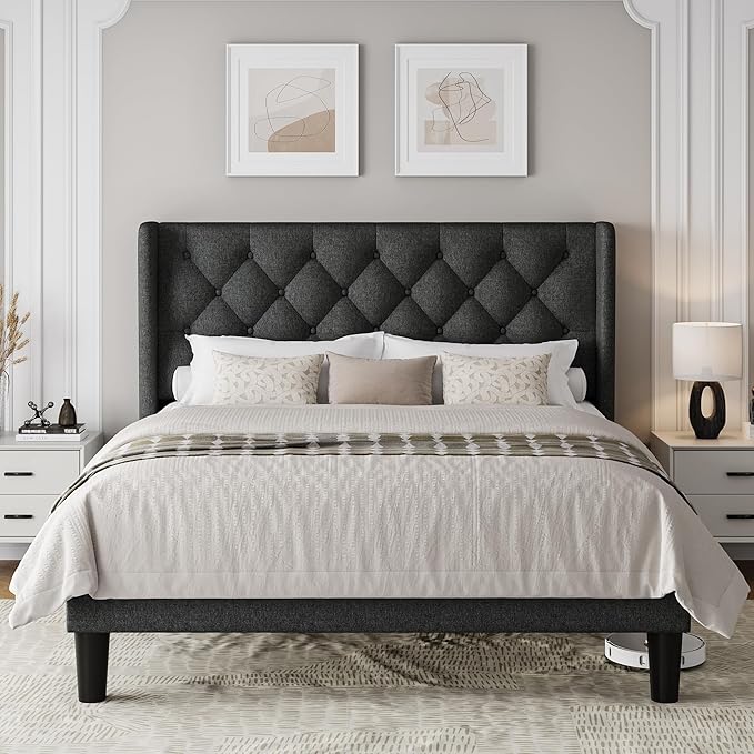 Queen Size Upholstered Bed Frame with Wingback Headboard, Fabric Linen Platform Bed, 8" Under Bed Storage, Wooden and Metal Slats Support, Noise Free, No Box Spring Needed, Dark Grey