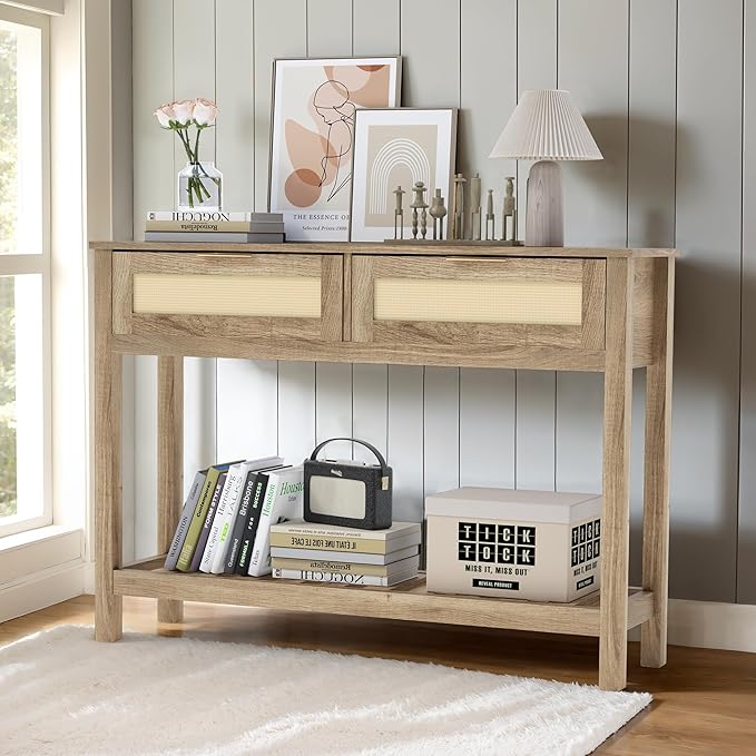 Console Tables with 2 Drawers,Rattan Entryway Table with Storage Shelf,Wood Boho Foyer Tables for Entryway,Farmhouse Console Tables for Living Room,Hallway, Sofa Table,Study Or TV Wall