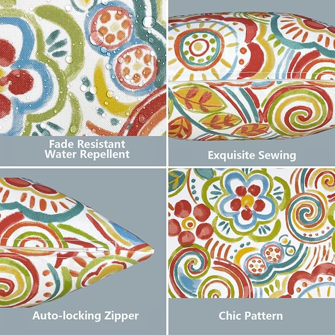 LVTXIII Outdoor Throw Pillow Covers 18 x 18 Inch, Covers ONLY Modern Paisley Pattern Decorative Square Toss Pillow Case Pack of 2 for Home Patio Garden Sofa Bed Furniture, Flower Multi