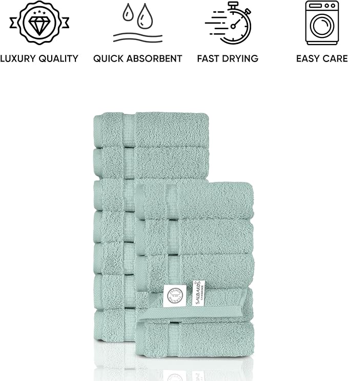 SALBAKOS 100% Turkish Cotton Washcloth Set of 12 13x13 inch | Heirloom Quality | Hotel & Spa Collection | Ultra Soft, Super Absorbent, Washcloth Towels | Made in Turkey (Seafoam Green, 12 Washcloths)