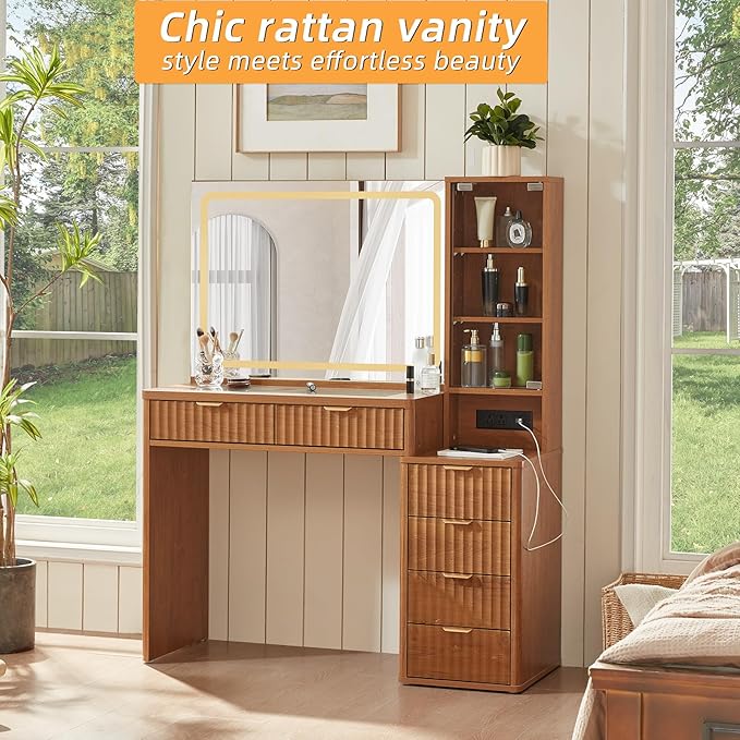 LEYAOYAO Vanity Desk with Mirror and Lights, 43.5'' Fluted Makeup Vanity with 6 Drawers and Adjustable Shelves, Glass Top Make Up Vanity, Girls Wood Dressing Table with Power Outlet for Bedroom