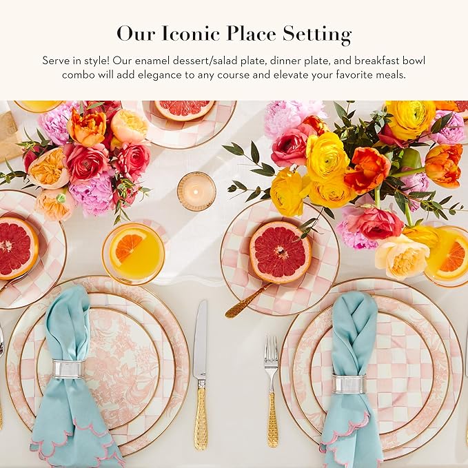 MACKENZIE-CHILDS Enamel Dinner 3-Piece Set, 10-Inch Round Serving Plate, 8-Salad/Dessert Plate, Breakfast Bowl, Rosy Check
