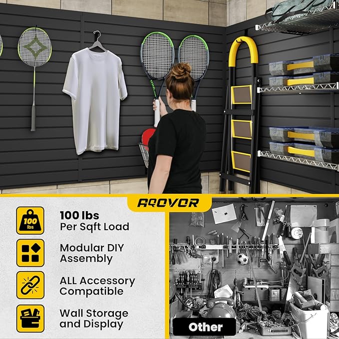 Slat Wall Paneling 4x4 FT, PVC Slat Wall Panels Heavy-Duty Garage Organization System with Hooks & Accessories, Slatwall Pegboard Suitable for Home、Garage、Shop Display & Organization (Black)