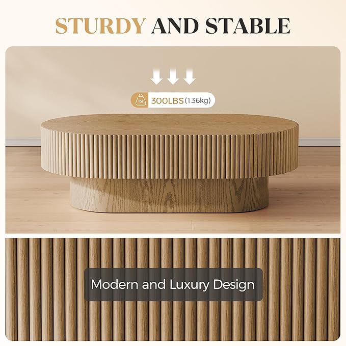 43.7” Oval Coffee Table, Modern Wood Fluted Coffee Table for Living Room, Veneer Handcrafted Relief Center Table with Sturdy Pedestal，Easy Assembly - Natural