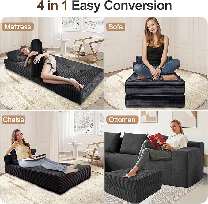 Comfy Foldable Sleeper Chair with Pillow, Supportive Memory Foam, Plush Corduroy Fabric, Cozy Floor Couch, Versatile Convertible Mattress for Bedroom/Living Room/Guest/Office, Dark Grey