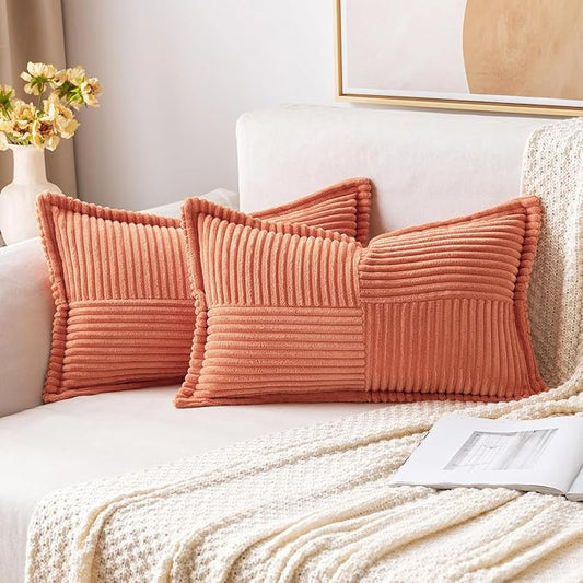 MIULEE Decorative Lumbar Throw Pillow Covers for Couch Bed Livingroom 12x20 Inch Set of 2 Coral Red Boho Accent Throw Pllows Broadside Striped Patchwork Soft Corduroy Summer Pillowcases