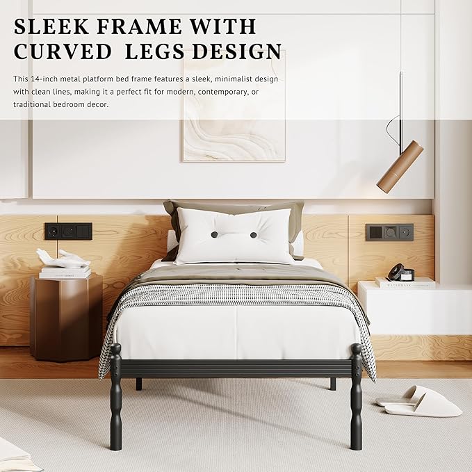ZIYOO Twin Size Bed Frame with Mattress Slide Stopper, 14 Inches Heavy Duty Sturdy Platform with Vintage Style, Anti-Slip Design, Easy Assembly, No Box Spring Needed