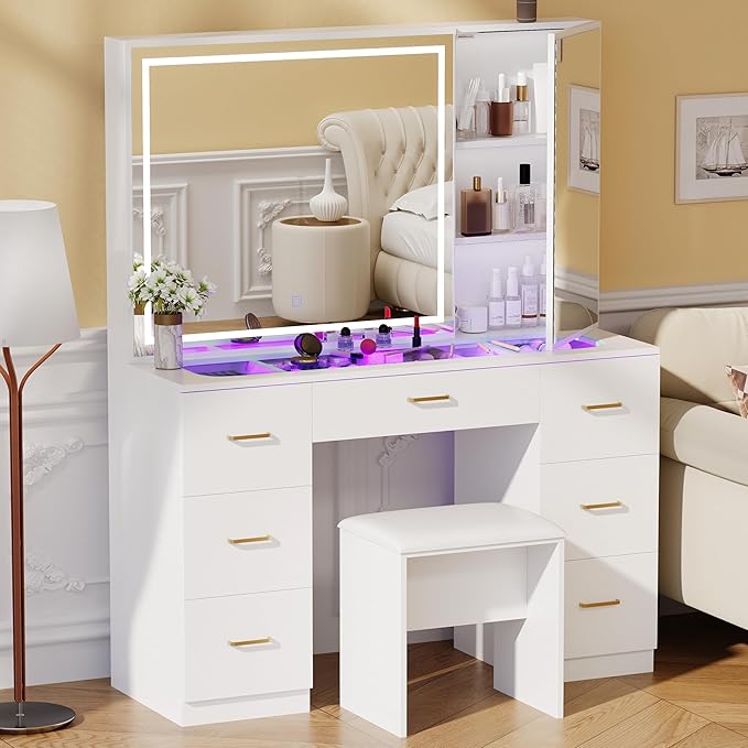 Galss Top Vanity Desk with Mirror and Lights, Large Storage Makeup Vanity with 7 Drawers, White Vanity Table with Side Glass Cabinet, Adjustable Brightness Dressing Table Set with Stool