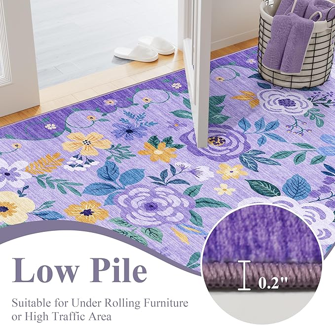 DUKINO Runner Rug, 2x10 Kitchen Hallway Carpet, Washable with Non-Slip Backing, Low Pile Soft Boho Floral for Entryway, Laundry, Bedroom, Purple