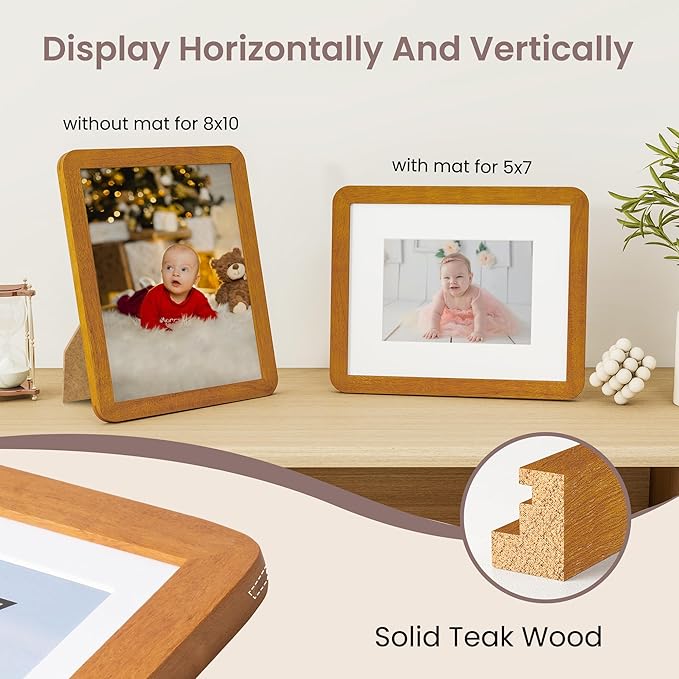 8x10 Picture Frame - Solid Teak Wood 8 x 10 Photo Frame, 8x10 Frame With Mat For 5x7, Tabletop and Wall Display, Hanging Hardware Included, 8 By 10 Picture Frame Wood, Natural Teak