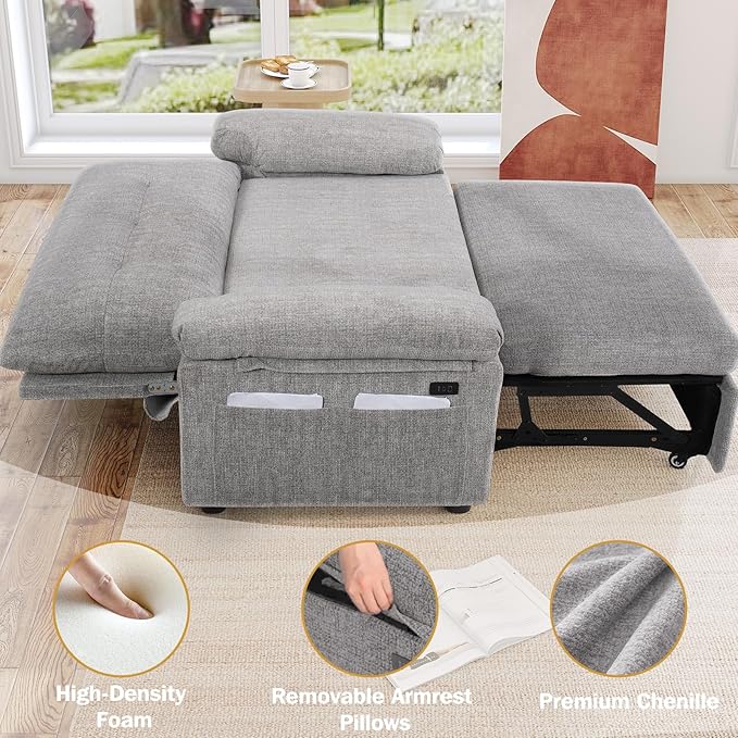 Vipbear 58" Convertible Sofa Bed, 3-in-1 Pull Out Sleeper Sofa with USB Ports & Adjustable Backrest, Loveseat with Side Pocket for Living Room, Apartment, Tool-Free Assembly, Chenile Light Grey