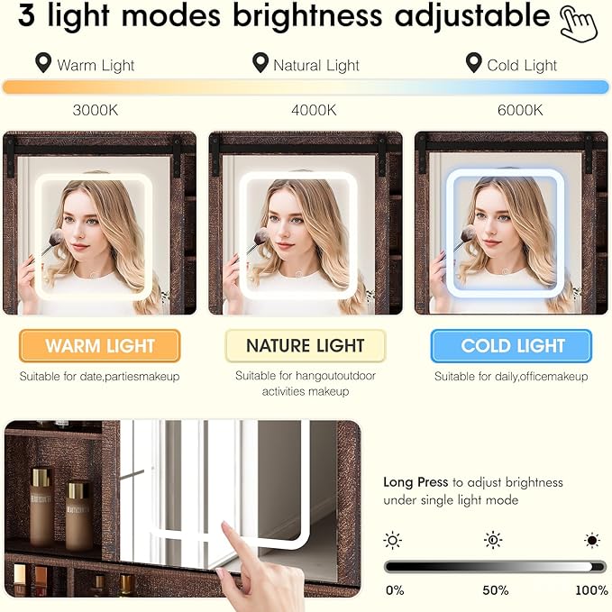 Fameill 45.5'' Farmhouse Makeup Vanity Desk with Sliding Mirror, Vanity Table with 3 Drawers and 2 Cabinets, Charging Station & LED Lights, Storage Shelves, Stool Included, Dressing Table for Bedroom